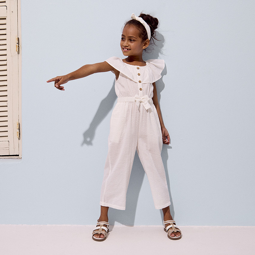 Combinaison longue en seersucker avec volant pour fille 