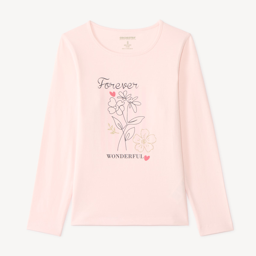 T-shirt manches longues fille avec imprimé fantaisie et paillettes 