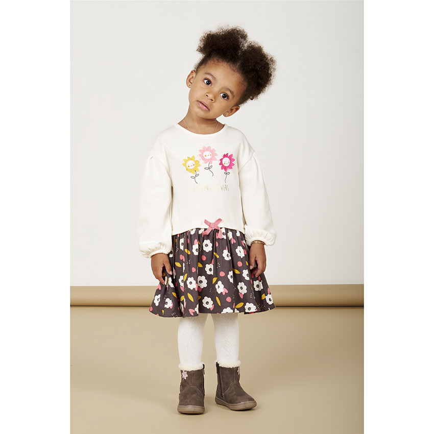 Robe manches longues 2 en 1 en molleton quilté imprimé fleuri pour bébé fille 