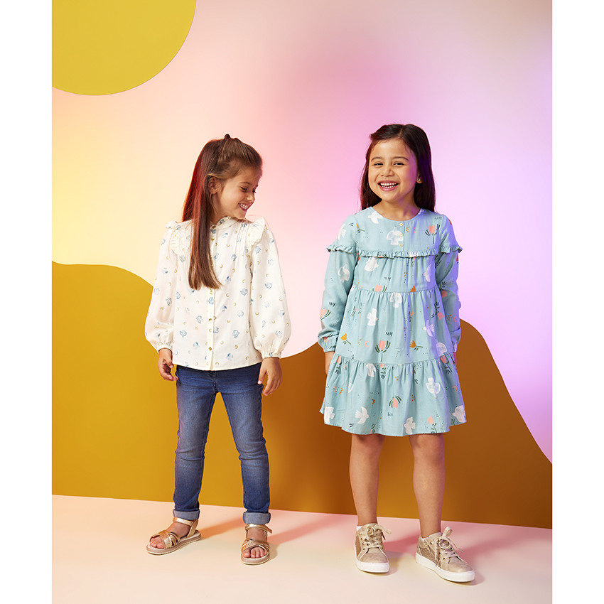 Robe manches longues volantée imprimé fantaisie pour fille 