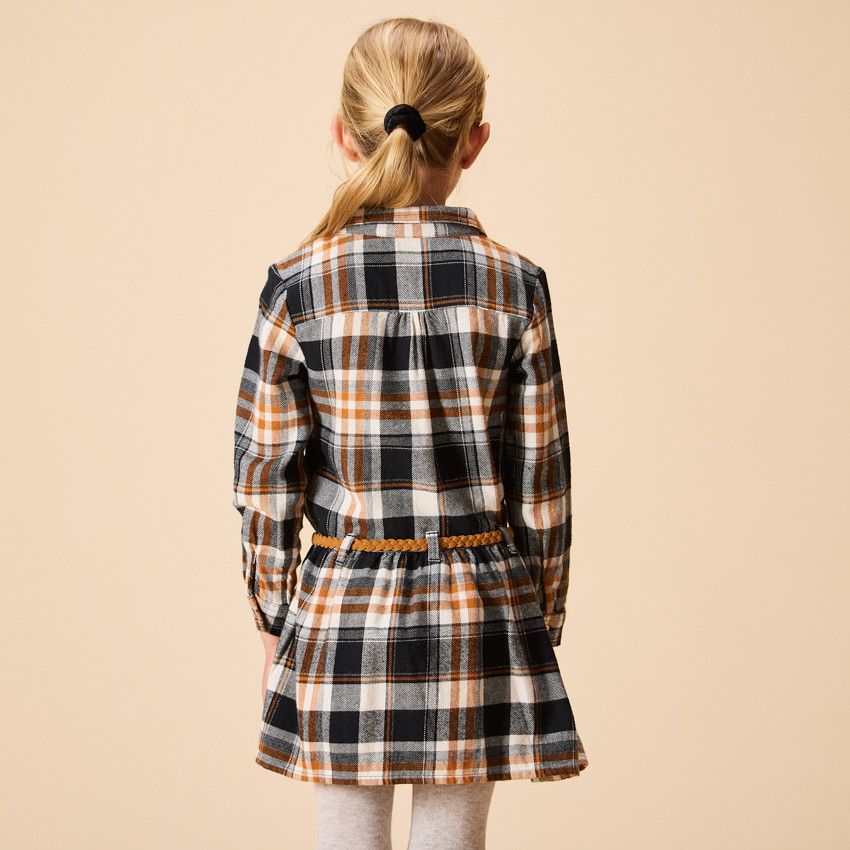 Robe chemise manches longues ceinturée à carreaux pour fille 