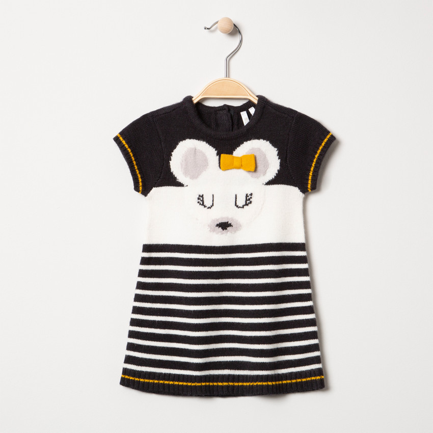 Jurk met korte mouwen van tricot met muis van jacquard en met strik 