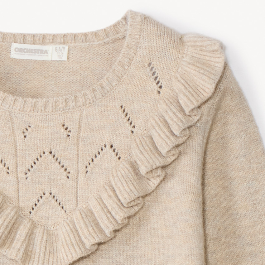 Pull à manches longues en tricot fantaisie avec volants et torsades pour fille 