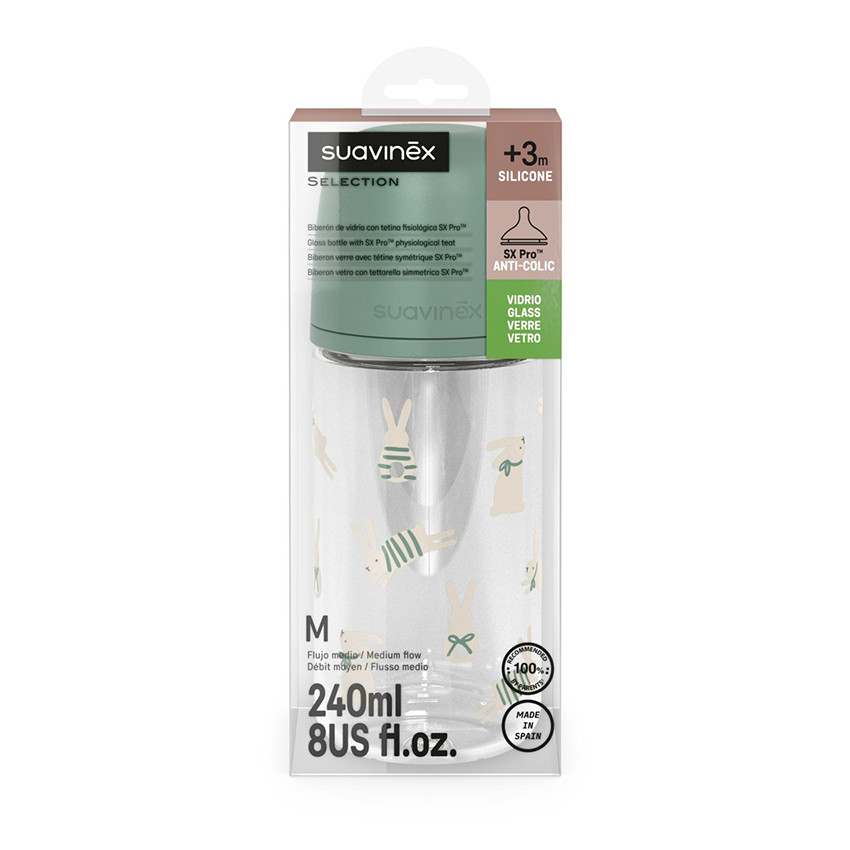 Biberon en verre avec tétine symétrique SX Pro M 240ml Lapins verts 