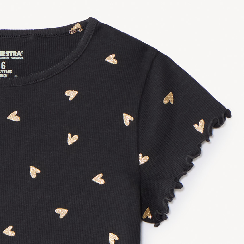 T-shirt met korte mouwen in geribbelde jersey met glinsterende hartjesprint voor meisjes 