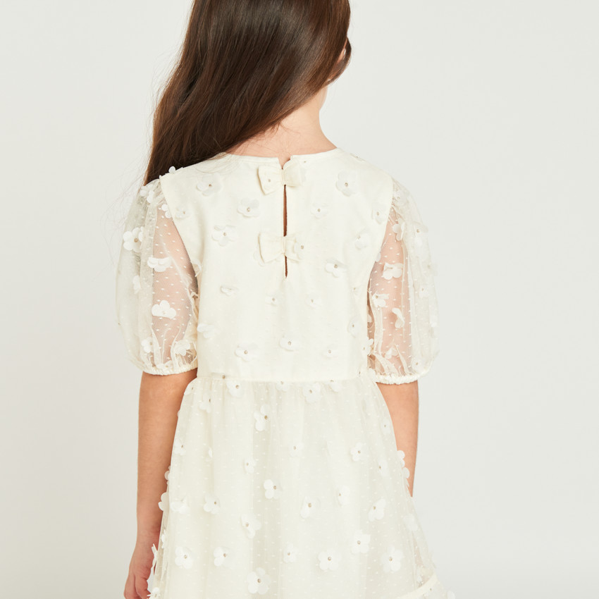 Korte mouw jurk van canvas met 3D bloemen voor meisjes 