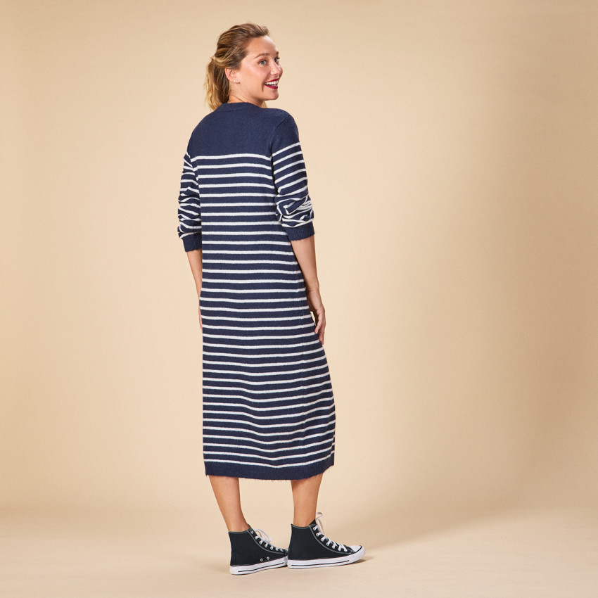 Gestreepte gebreide jurk met col voor dames 