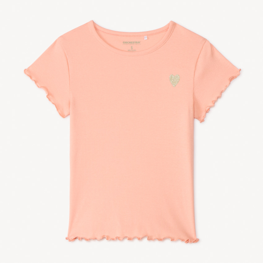 T-shirt met korte mouwen van effen ribstructuur met geborduurd hart meisjes 