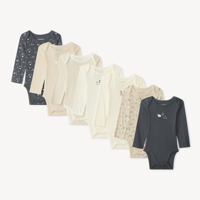 Set van 7 bodies met lange mouwen en skimoetieven voor baby