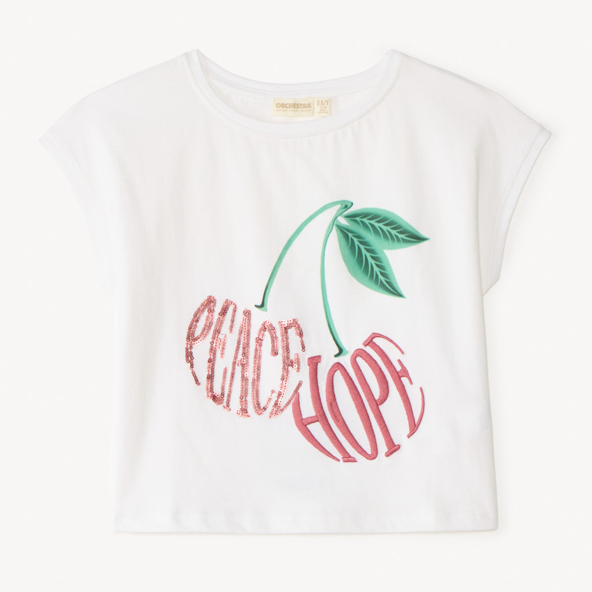 T-shirt manches courtes motif cerise brodé et à sequins fille 