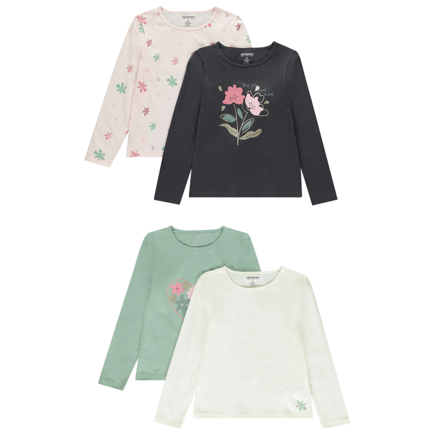 Lot de 4 t-shirts manches longues fantaisie en jersey pour fille 