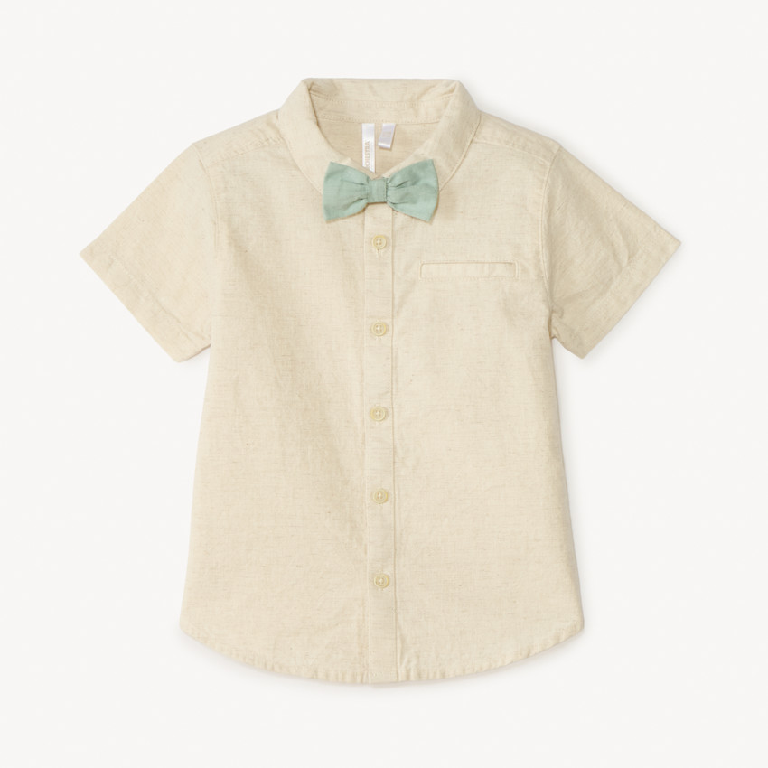 Korte mouwen overhemd + strik in canvas voor jongen. 