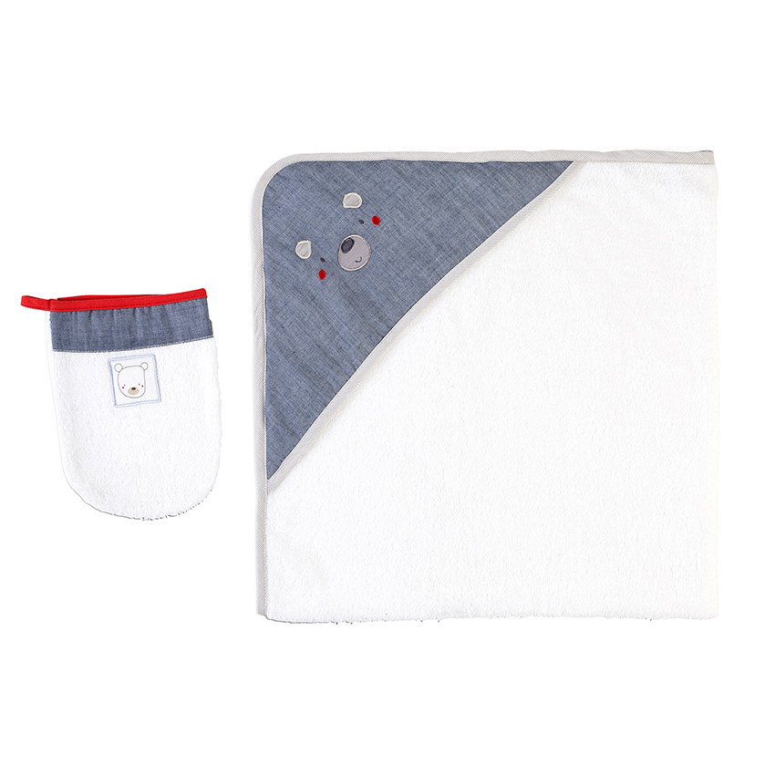 Set de bain en éponge et chambray avec ourson brodé 