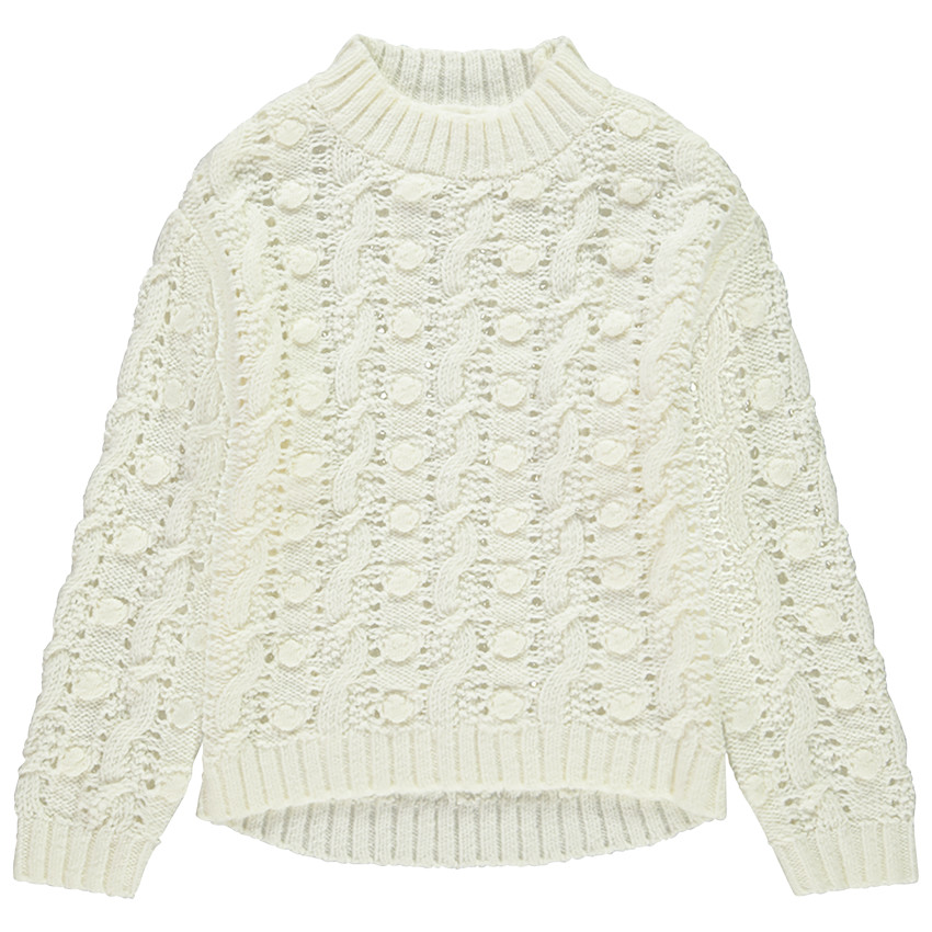 Pull en tricot avec torsades et boucles + col montant pour fille 
