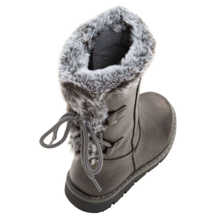 Laarsjes met ledereffect en decoratieve veters en namaakbont van maat 24 tot 27 