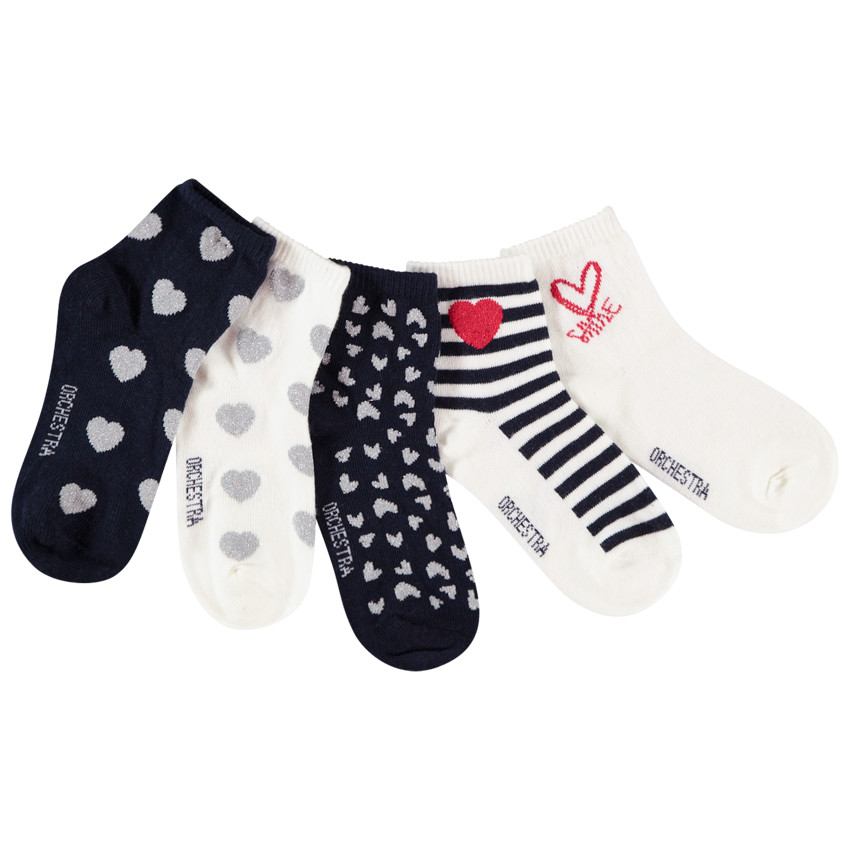 Lot de 5 paires de chaussettes fantaisie imprimé coeurs et rayures pour fille 