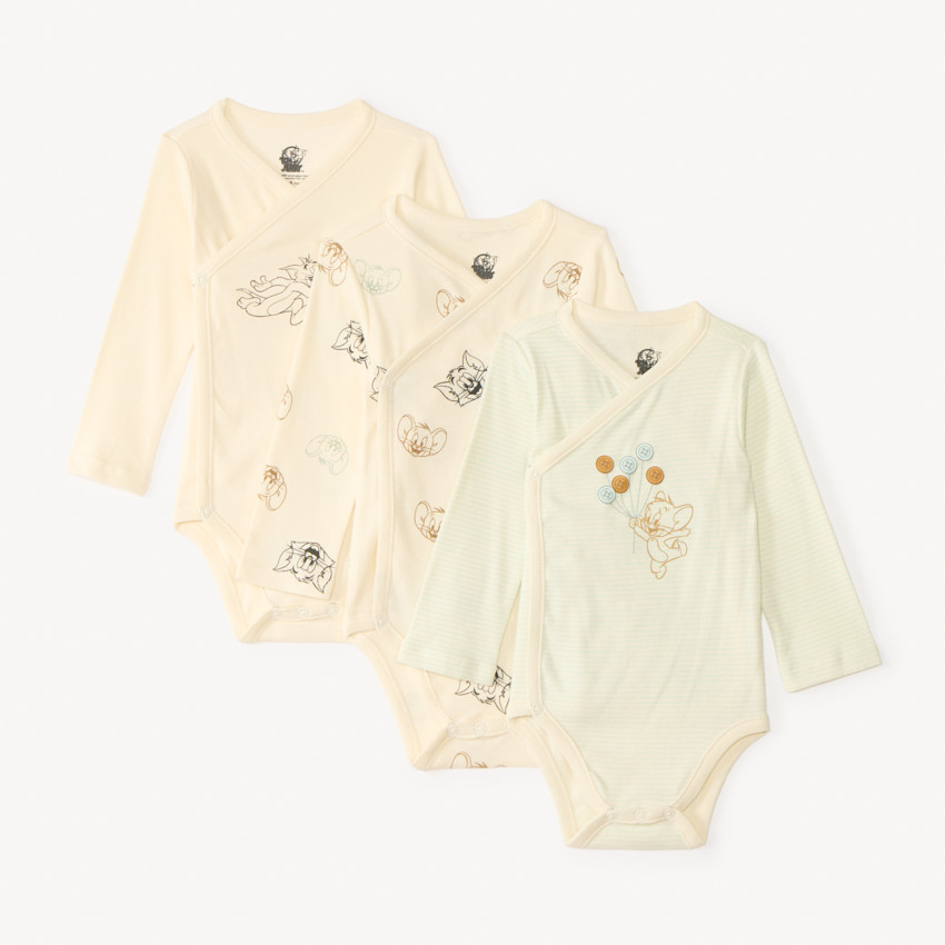 Set van 3 lange mouwen rompers Tom & Jerry Warner voor jongensbaby met verschillende opening afhankelijk van de leeftijd. 