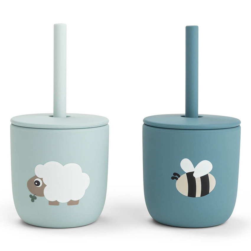 Set van 2 drinkbekers met rietje in silicone Tiny Farm Blauw 