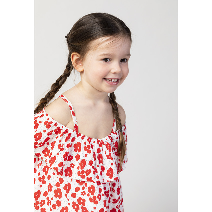 Robe blanche volantée imprimée fleurs rouges pour fille 