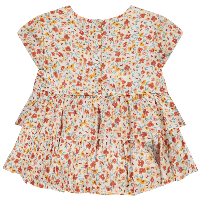 Tuniek met volant in crêpe, korte mouwen, bloemenprint voor meisjes 