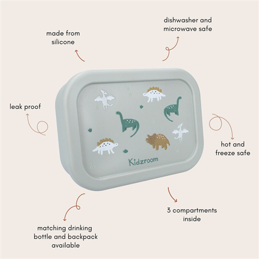 Lunchbox siliconen met 3 compartimenten en dinosaurussen groen 