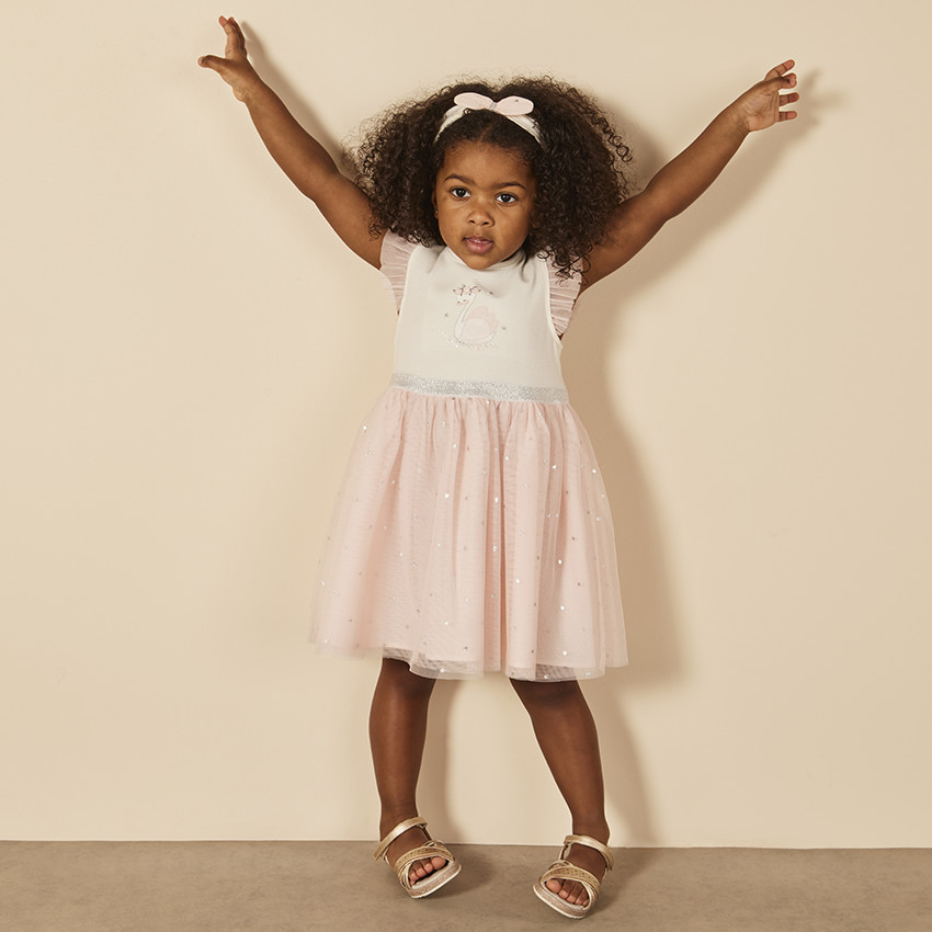 Ensemble 2-delige jurk bi-materiaal + hoofdband voor baby meisje 