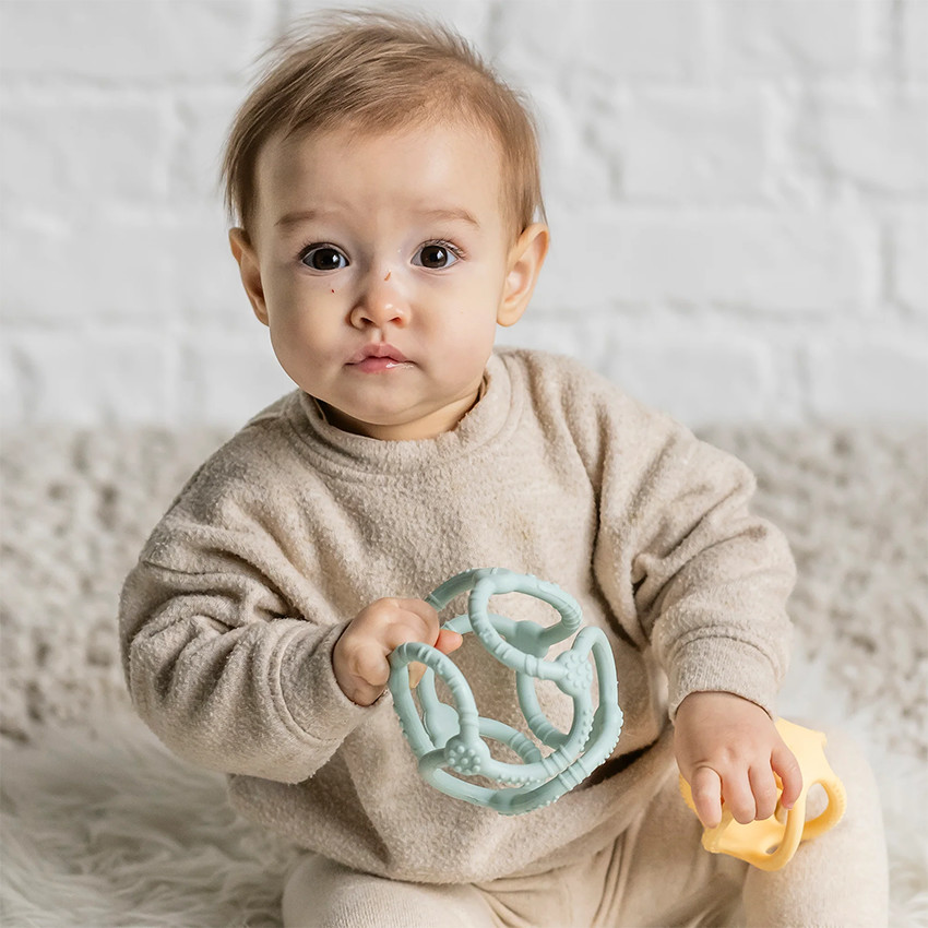 Anneau de dentition - Set 2 balles emboitables - Silicone - Vert pastel/jaune 