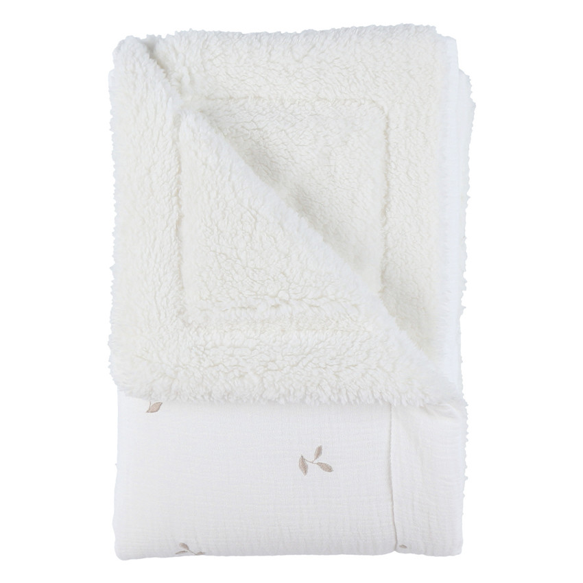 Deken geborduurd bladeren 100x140cm Mousseline & Sherpa Wit  