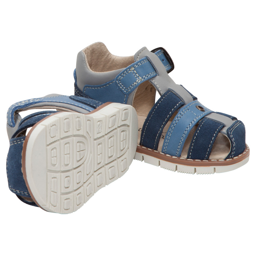 Blootvoets in leder met contrasterende banden 