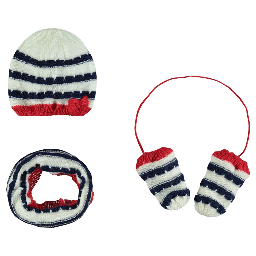 Ensemble bonnet, snood et moufles en tricot rayé  