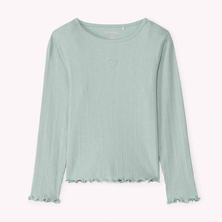 T-shirt manches longues côtelé brodé cœur fille 