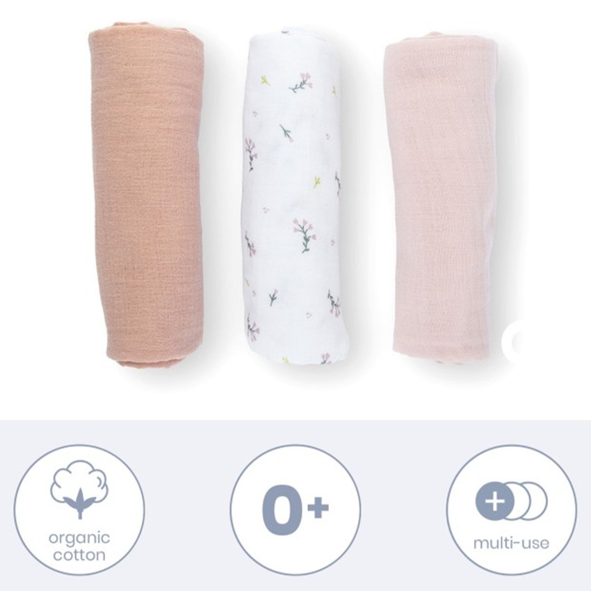 Lot de 3 langes tetra mousseline flower pink 