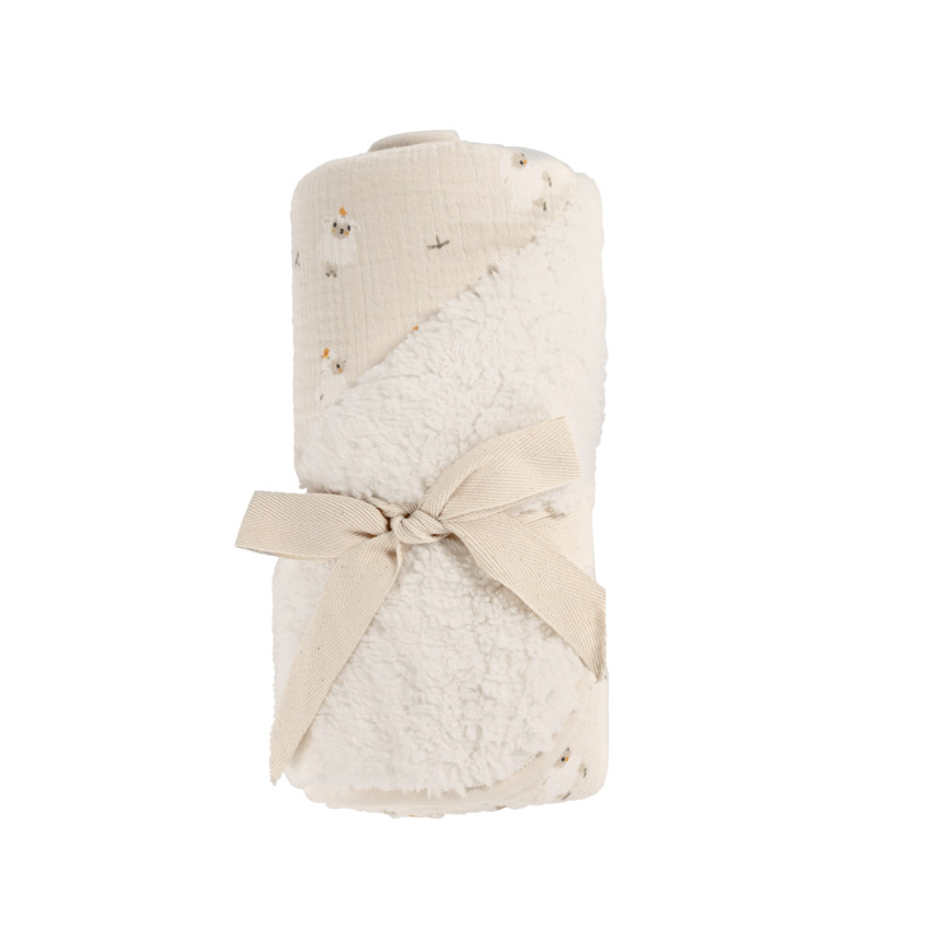 Couverture bi-matière 80 x 80 cm imprimé moutons La Vie à la Ferme beige 