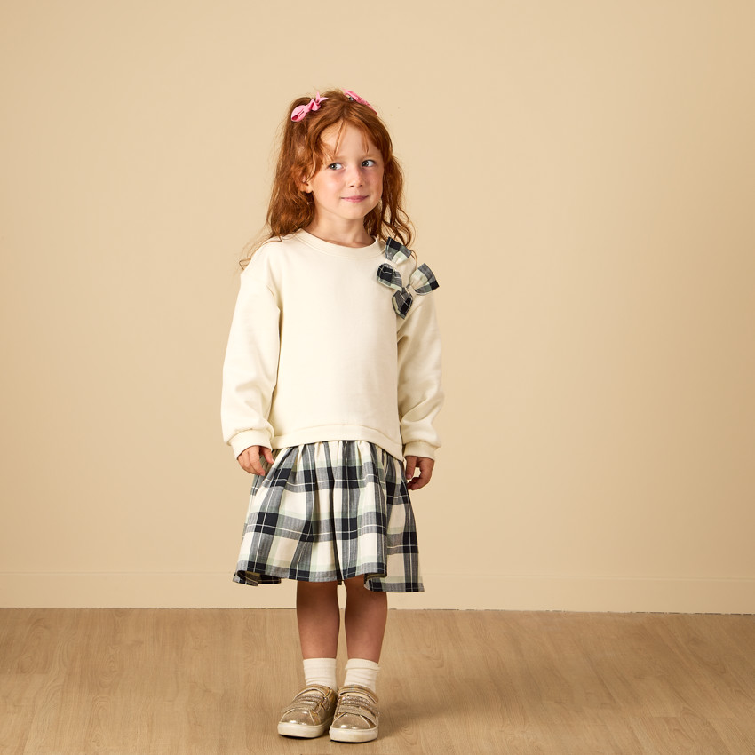 Robe effet 2 en 1 bi-matière à carreaux pour fille 