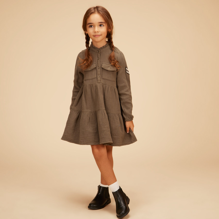Robe chemise manches longues en tetra pour fille 