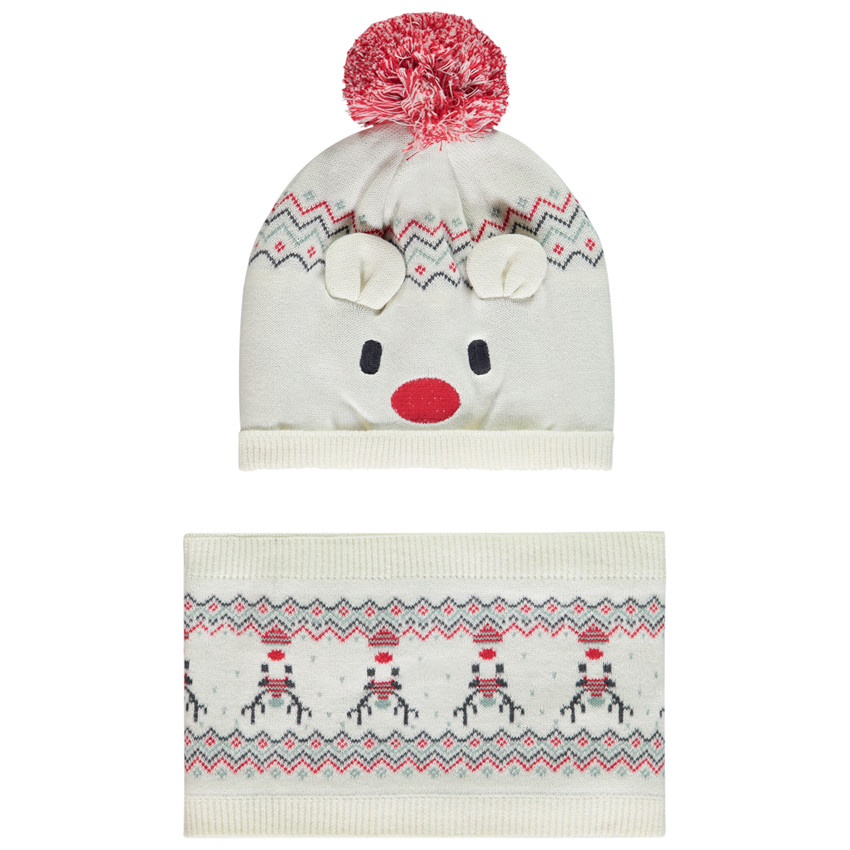 Muts en snood gebreid voor kerst voor baby