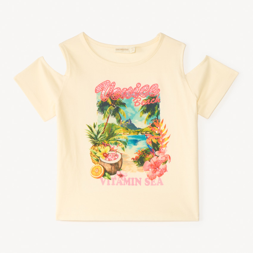 T-shirt met off-shoulder en print Venice Beach voor meisjes 