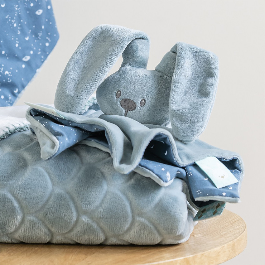 Doudou plat lapin Lapidou bleu ciel avec imprimé phosphorescent 