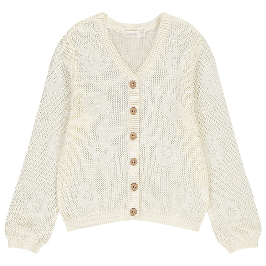 Gilet uni en tricot ajouré et fleurs plates pour fille 