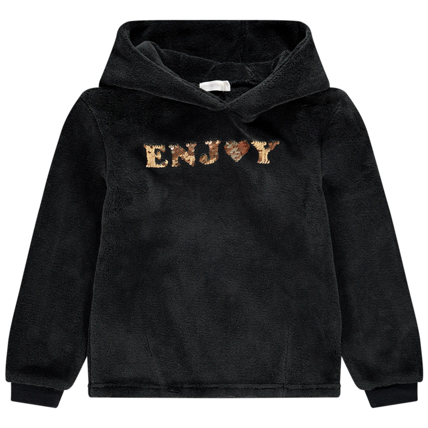 Sweat à capuche noir en sherpa à texte en sequins pour enfant fille 