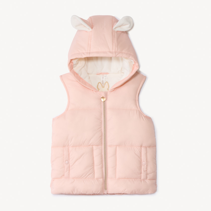 Donsjas mouwloos met speelse kap voor babymeisje 