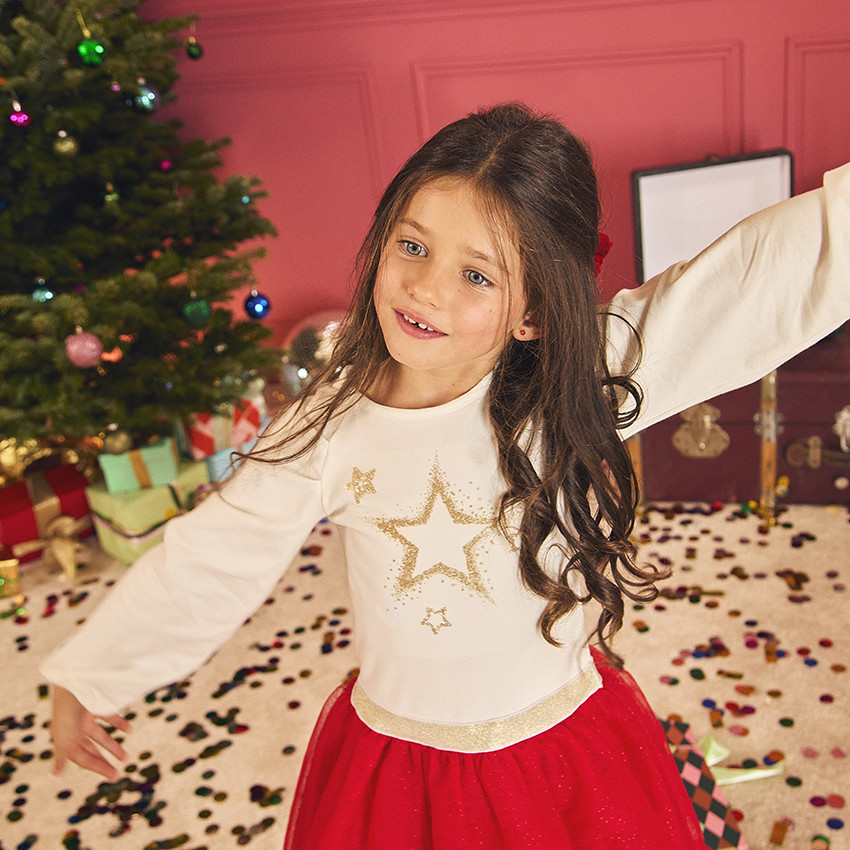 Robe de fête manches longues effet 2 en 1 bi-matière pour fille 