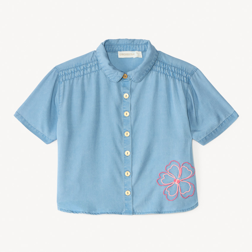 Korte mouwen blouse met gesmokte schouders en bloemen in corduroy voor meisjes 