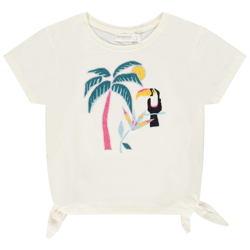 Korte mouwen T-shirt met toucan borduursel en knopen voor meisjes 