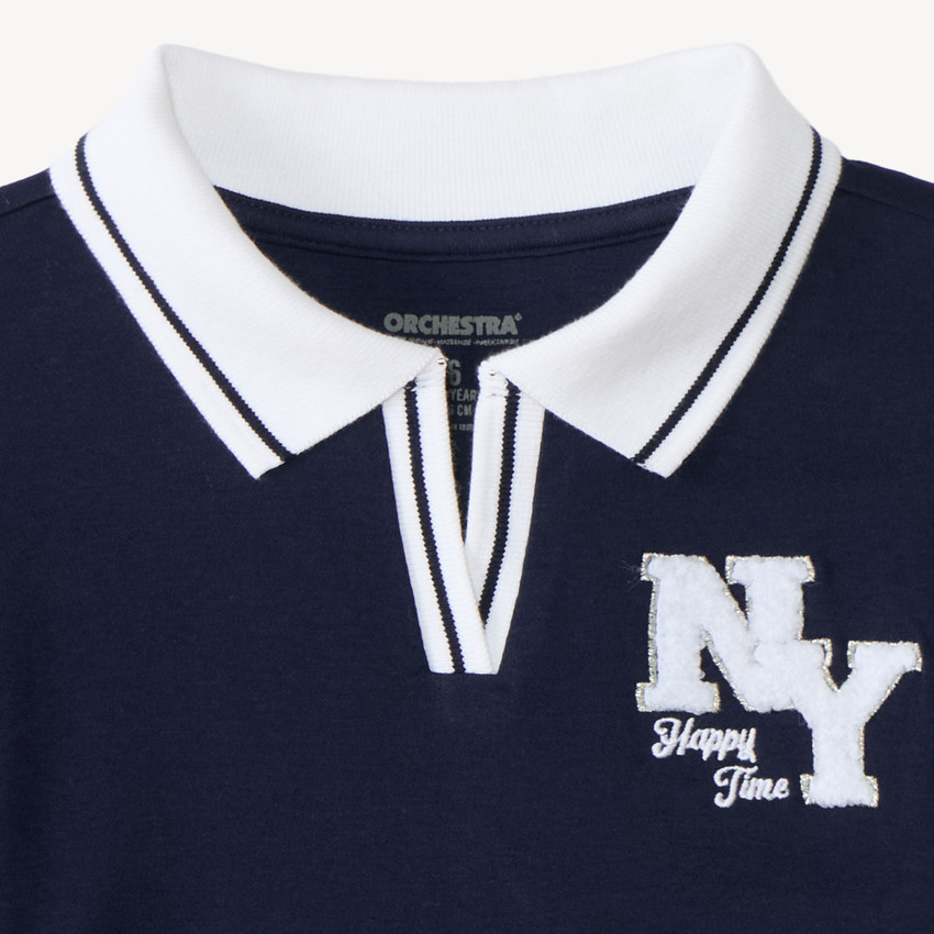 T-shirt fille manches longues style polo uniforme patch "NY" 