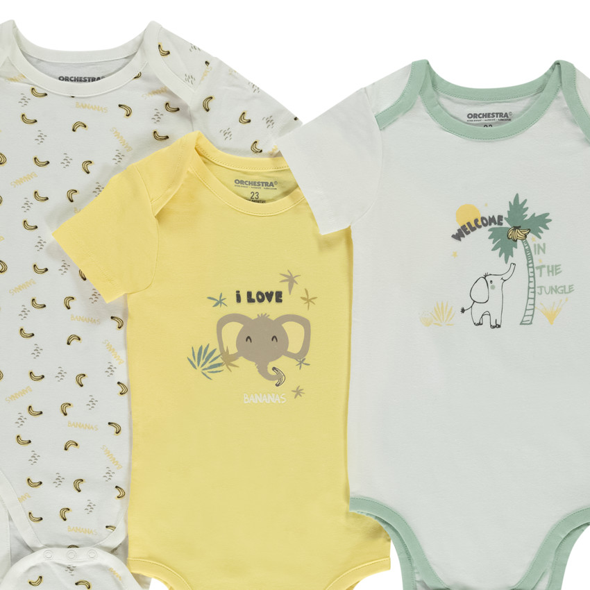 Lot de 5 bodies manches courtes fantaisie pour bébé avec ouvertures différentes selon l'âge 