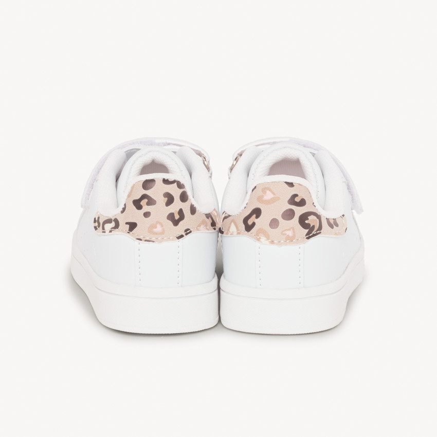 Lage witte sneakers met elastische veters, klittenband en luipaardprint achterkant voor meisjes 