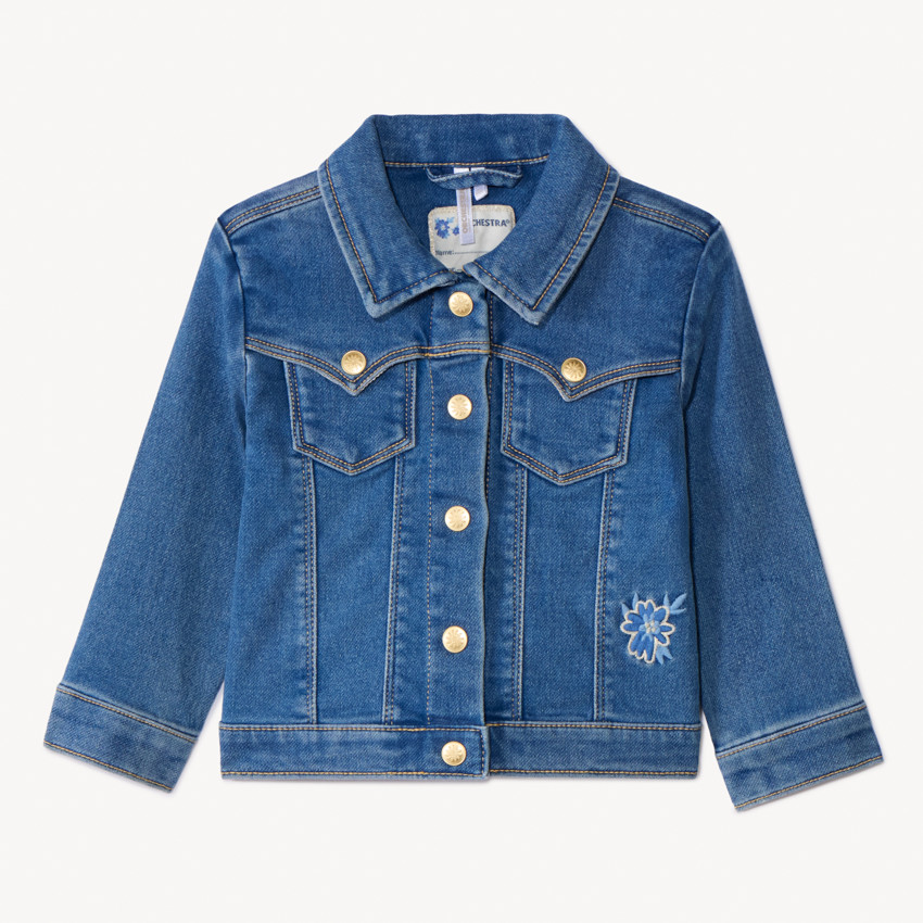 Vest met jeanslook en geborduurde bloemen op de rug voor babymeisje 