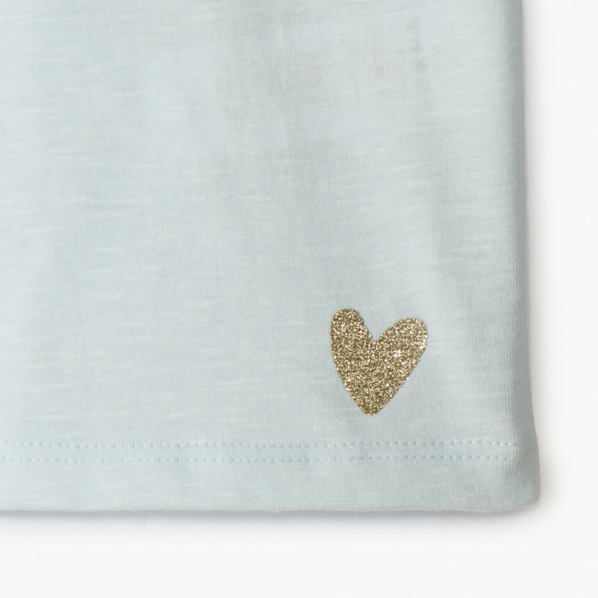 Set van 3 effen t-shirts met korte mouwen voor babymeisje, jersey, glitterhartprint linkeronderhoek, ronde hals met lichte plooitjes, effen rug 