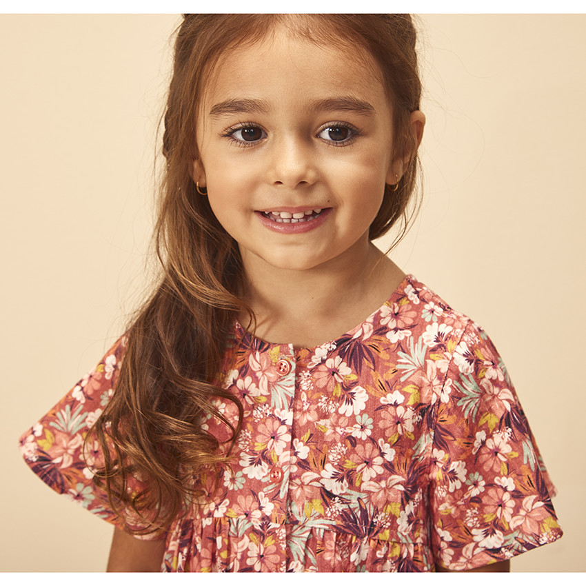 Robe manches courtes en toile imprimé fleuri pour bébé fille 